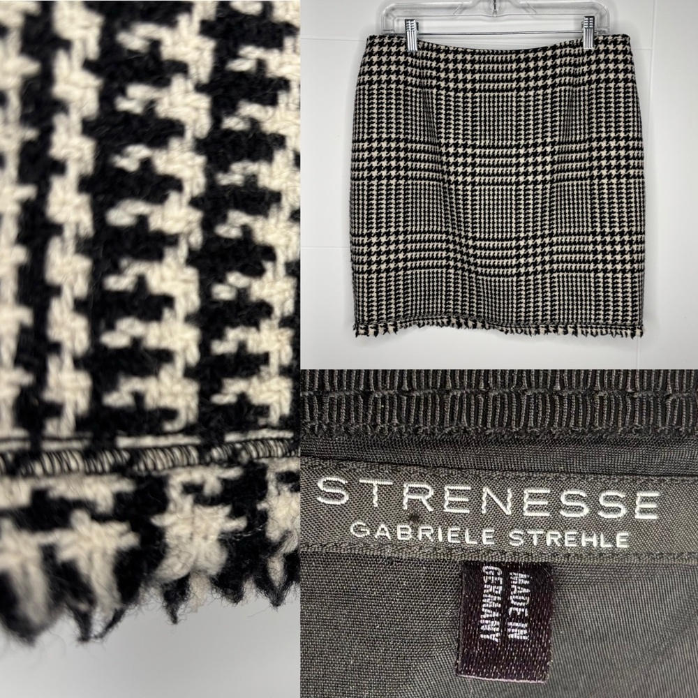 STRENESSE Gabriele Strehle Black+Cream houndstooth wool fringe mini Skirt size 8